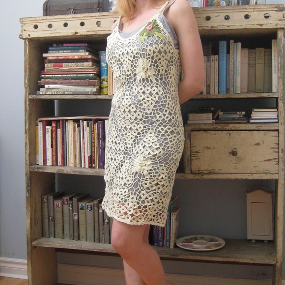 Open Crochet Dress in Lemon Yellow with Floral Detail - Picture 1 of 6